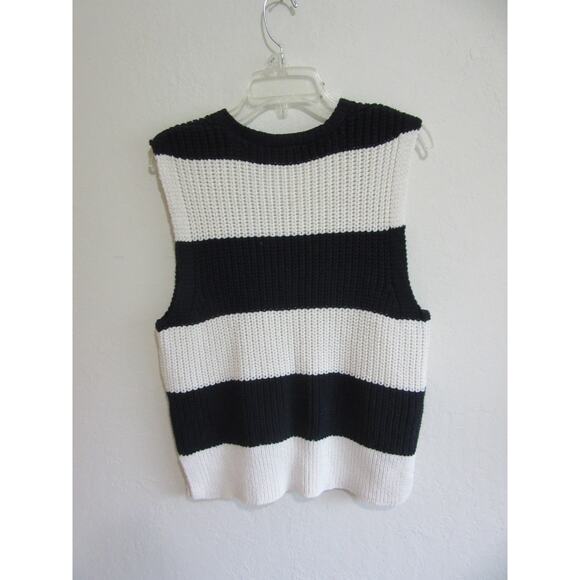 ZARA Black and White V-Neck M Pullover Sleeveless Chunky Knit Stripe Sweater - Picture 3 of 4